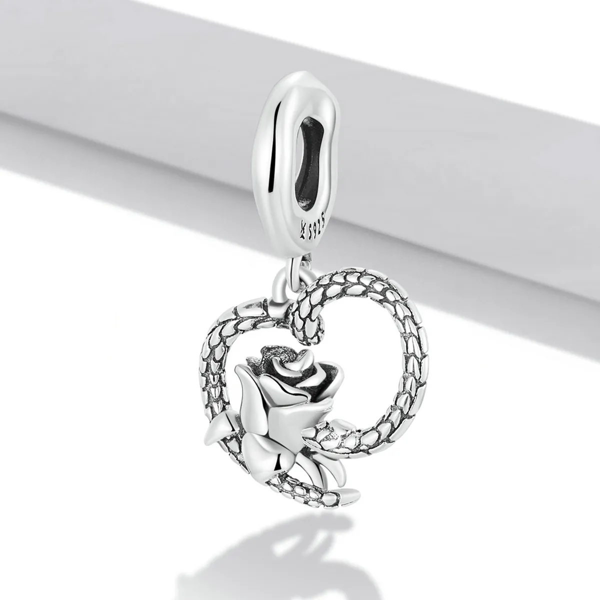 Pandora Style Snake and Rose Heart Dangle - SCC2134