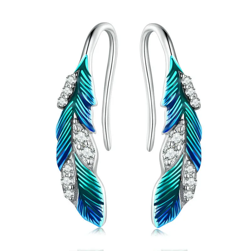 Pandora Style Dazzling Blue Feather Hanging Earrings - BSE707