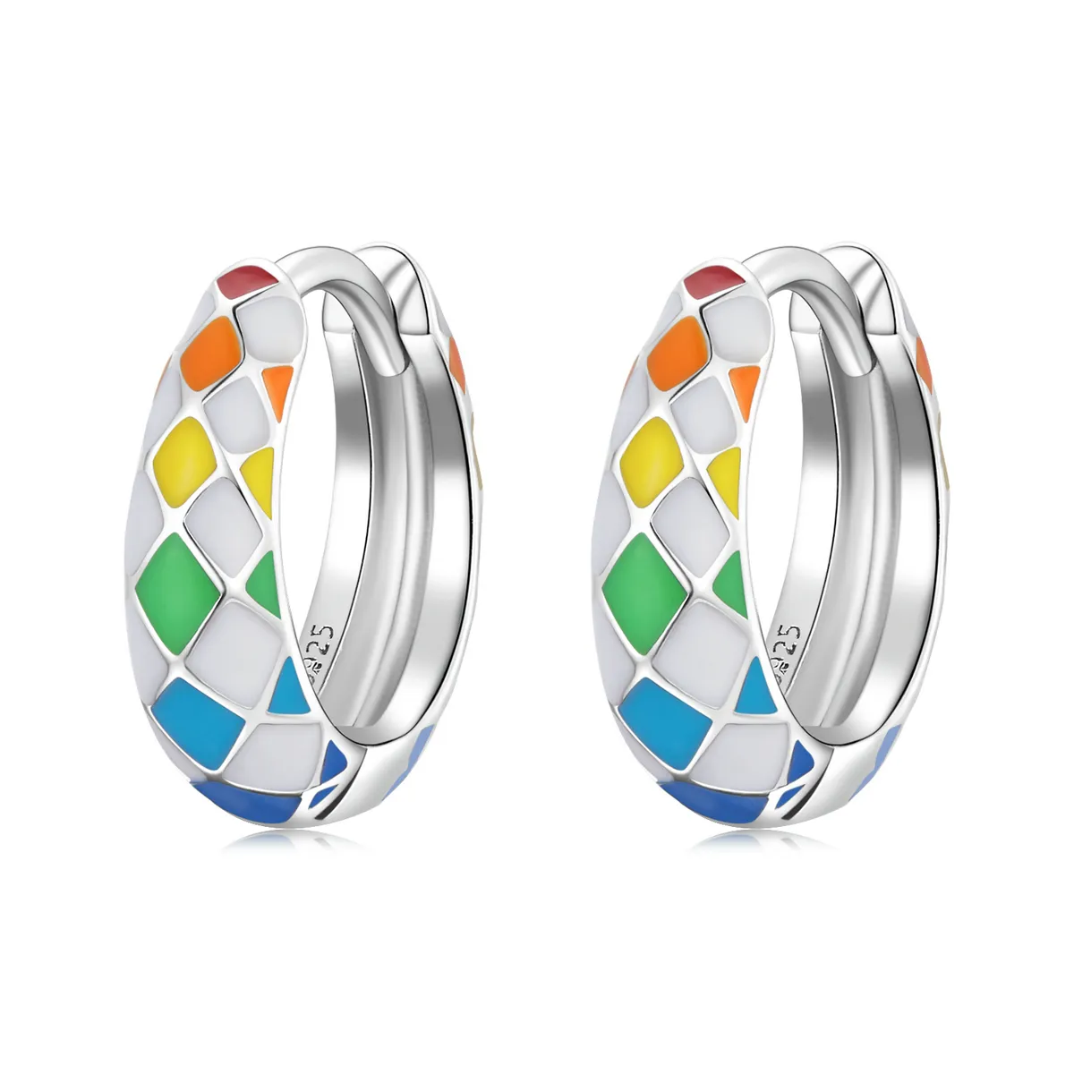 Pandora Style Rainbow Checkerboard Hoop Earrings - SCE1351