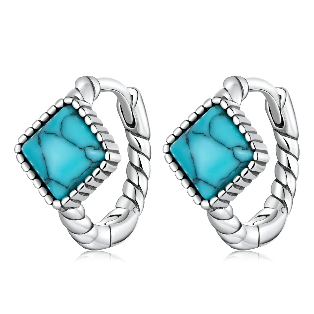 Pandora Style Square Turquoise Hoop Earrings - BSE590