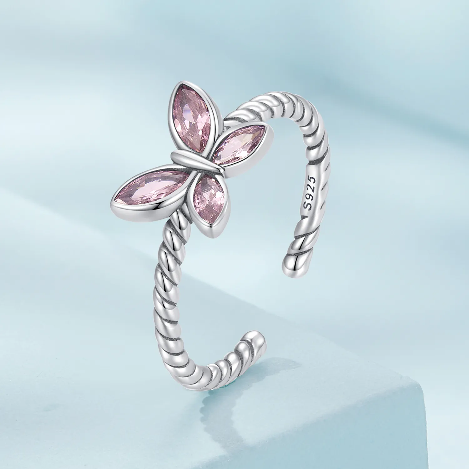 Inel deschis cu fluture roz în stil Pandora - SCR872