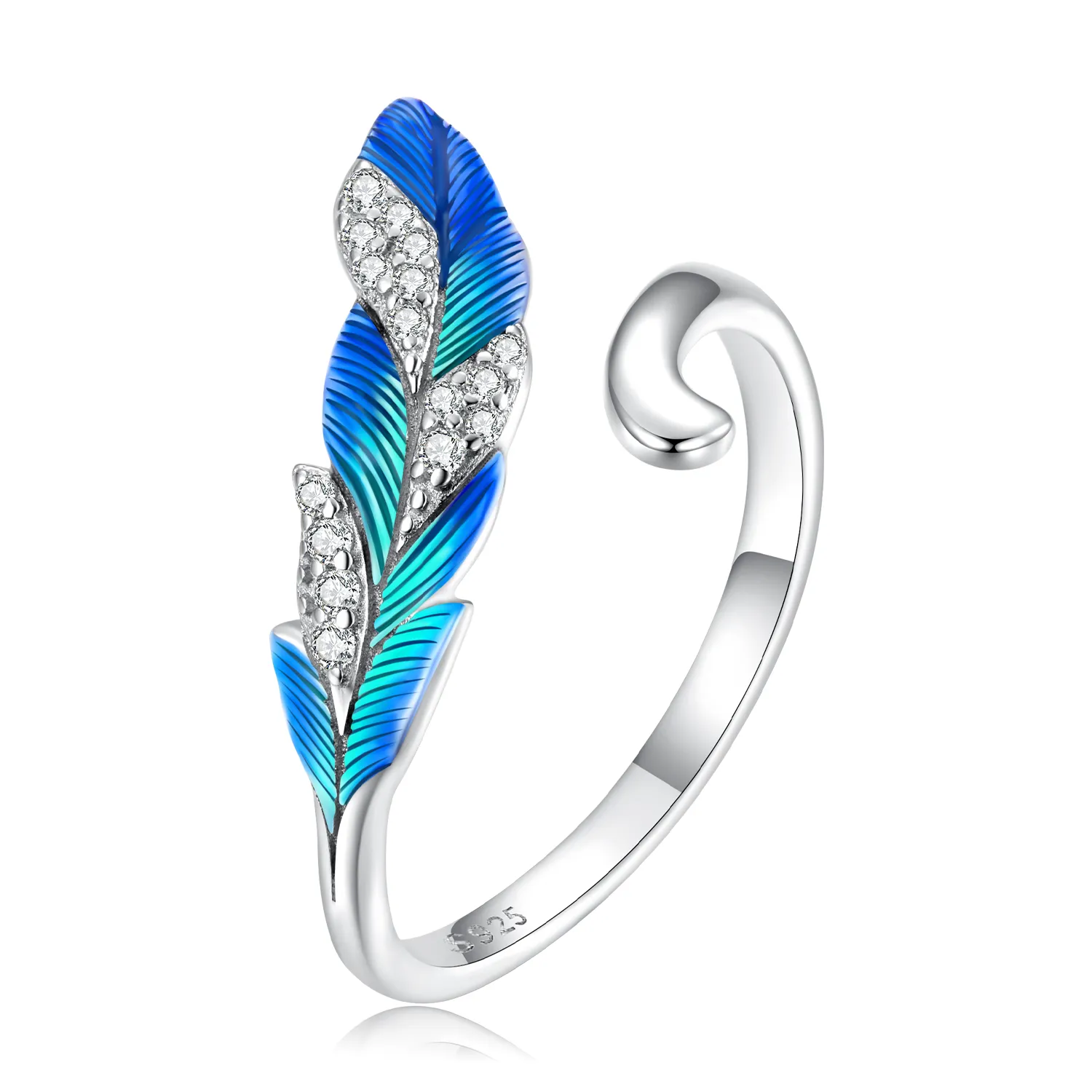 inel deschis cu pene albastre strălucitoare în stil pandora bsr301