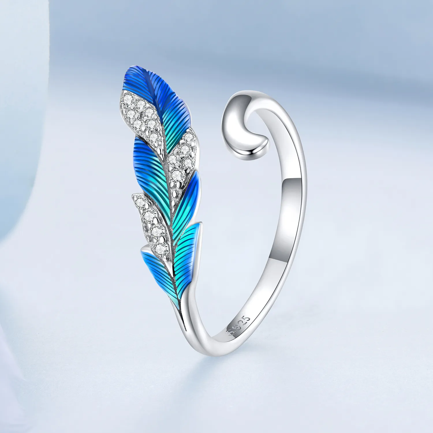 Inel deschis cu pene albastre strălucitoare în stil Pandora - BSR301