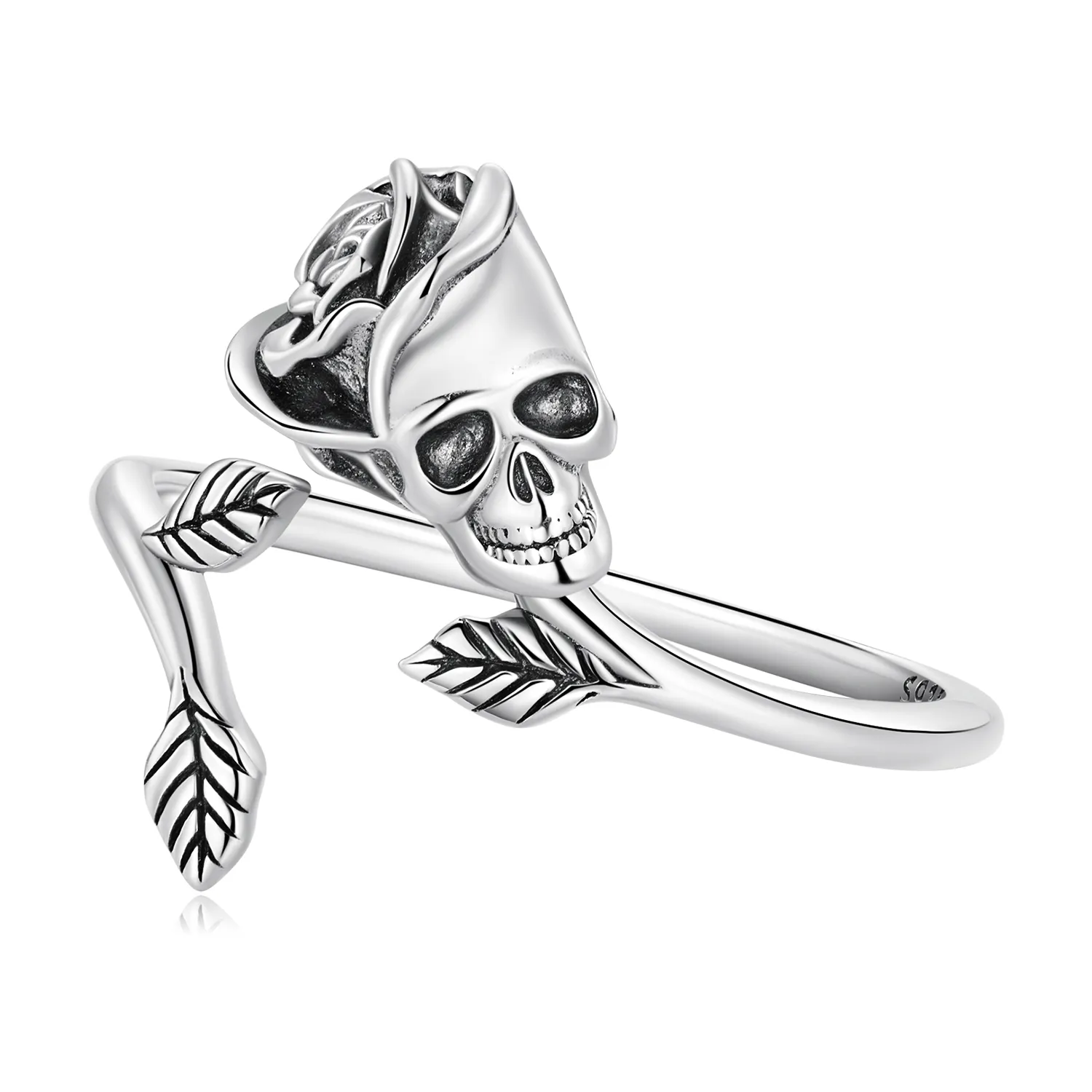 inel deschis de stil pandora cu craniu și trandafir scr879