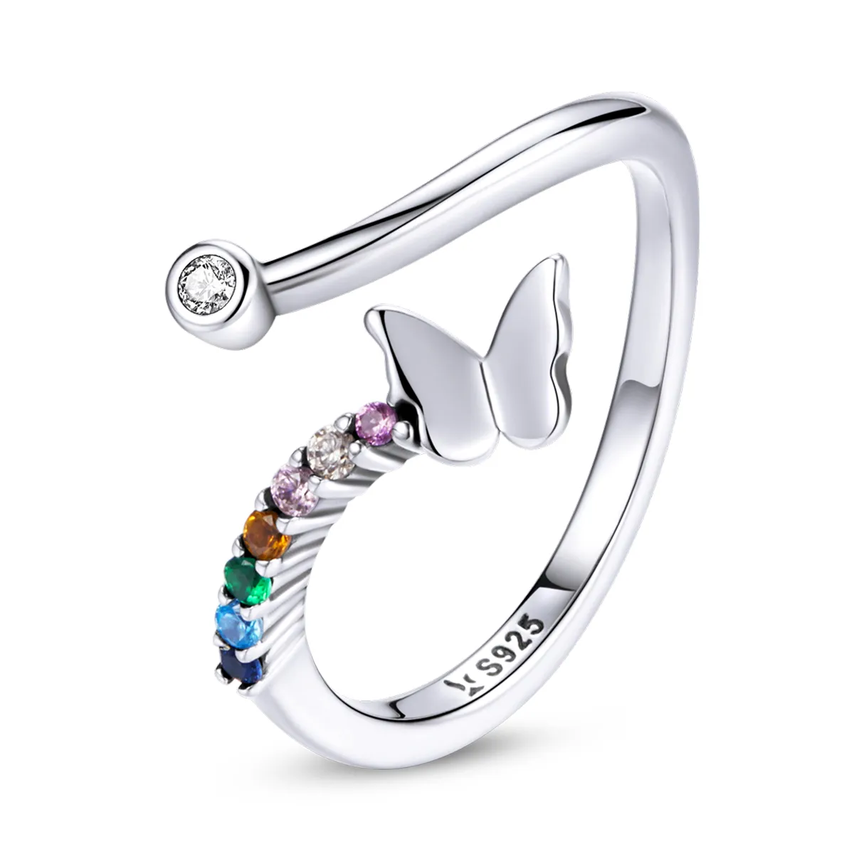 Inel deschis în stil Pandora cu fluture în culori curcubeu - SCR730