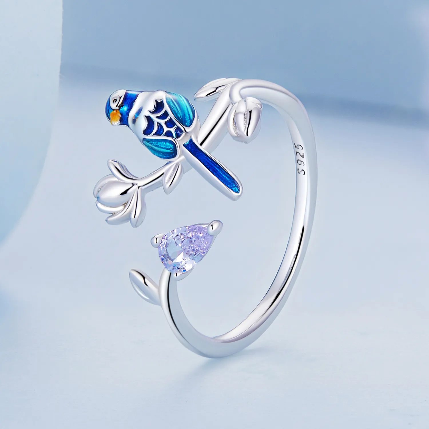 Inel deschis în stilul Pandora cu pasăre și floare - BSR288