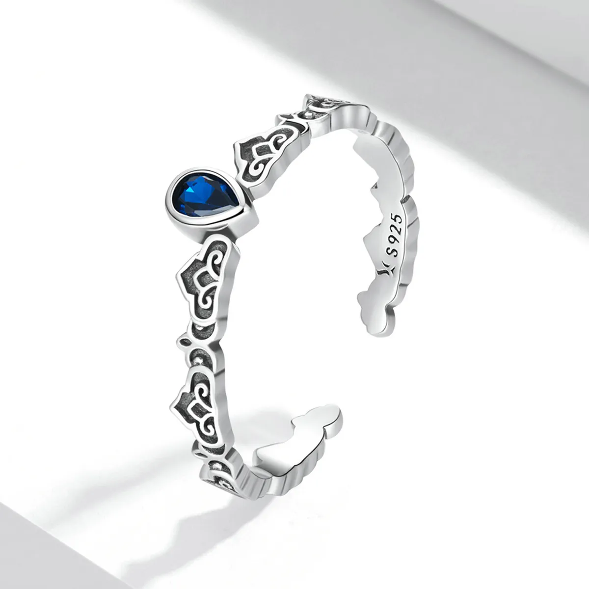 Stil Pandora, model vintage - Inel deschis cu picătură de piatră albastră - SCR767