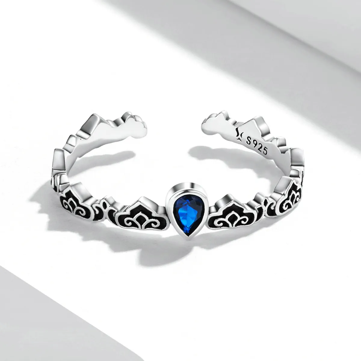 Stil Pandora, model vintage - Inel deschis cu picătură de piatră albastră - SCR767