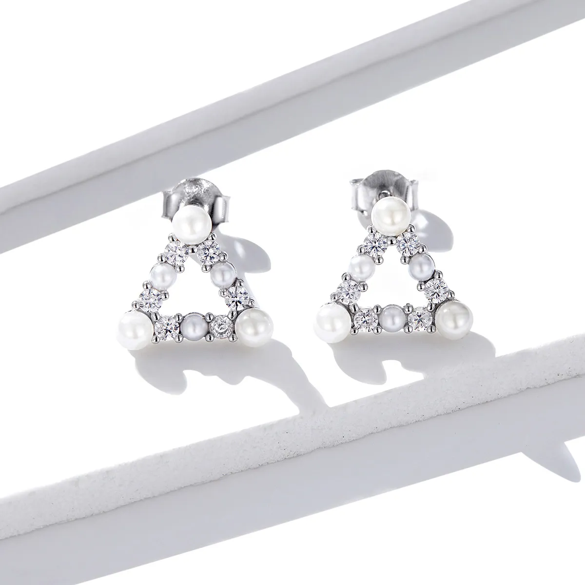 Pandora Style Pearl Triangle Stud Earrings - BSE215