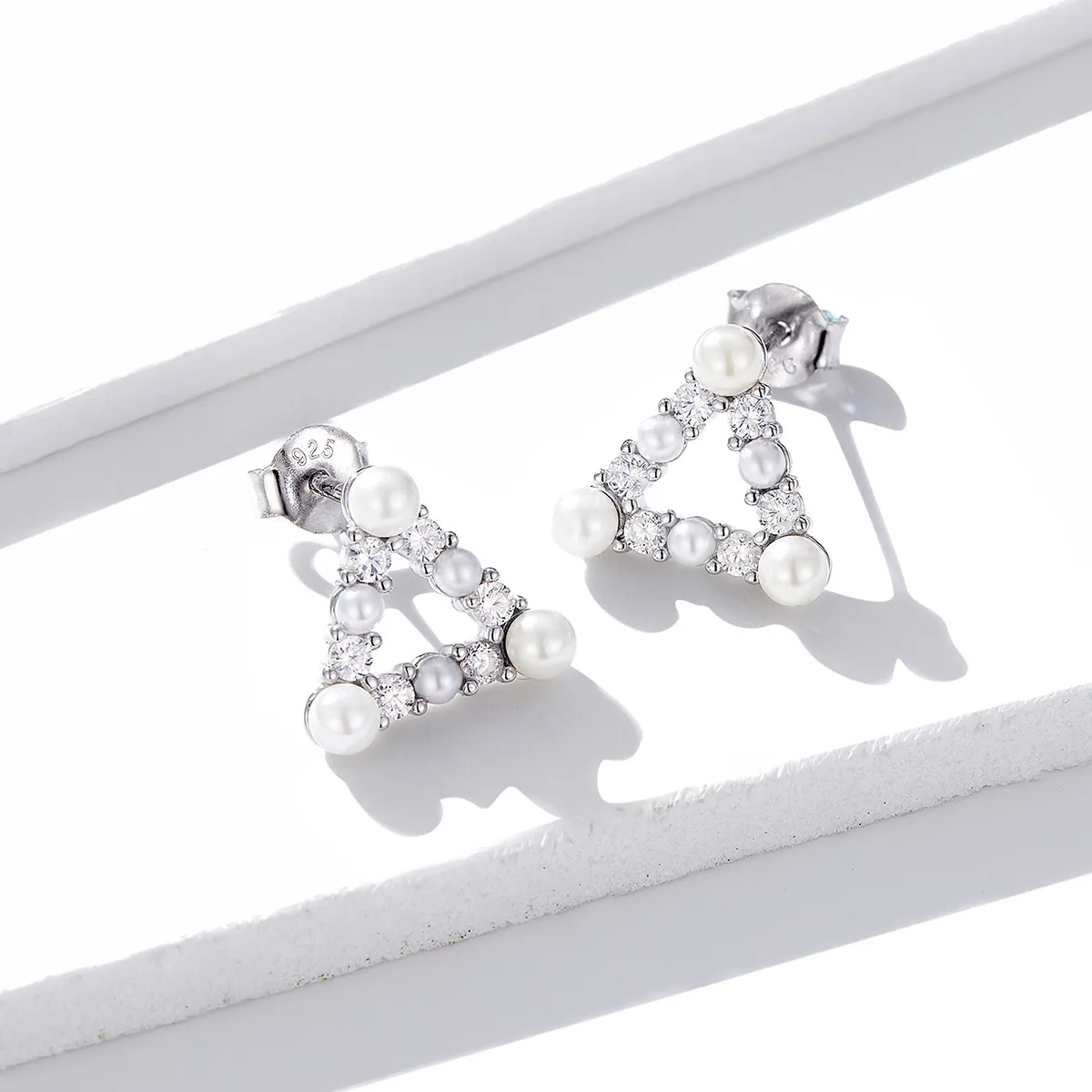Pandora Style Pearl Triangle Stud Earrings - BSE215