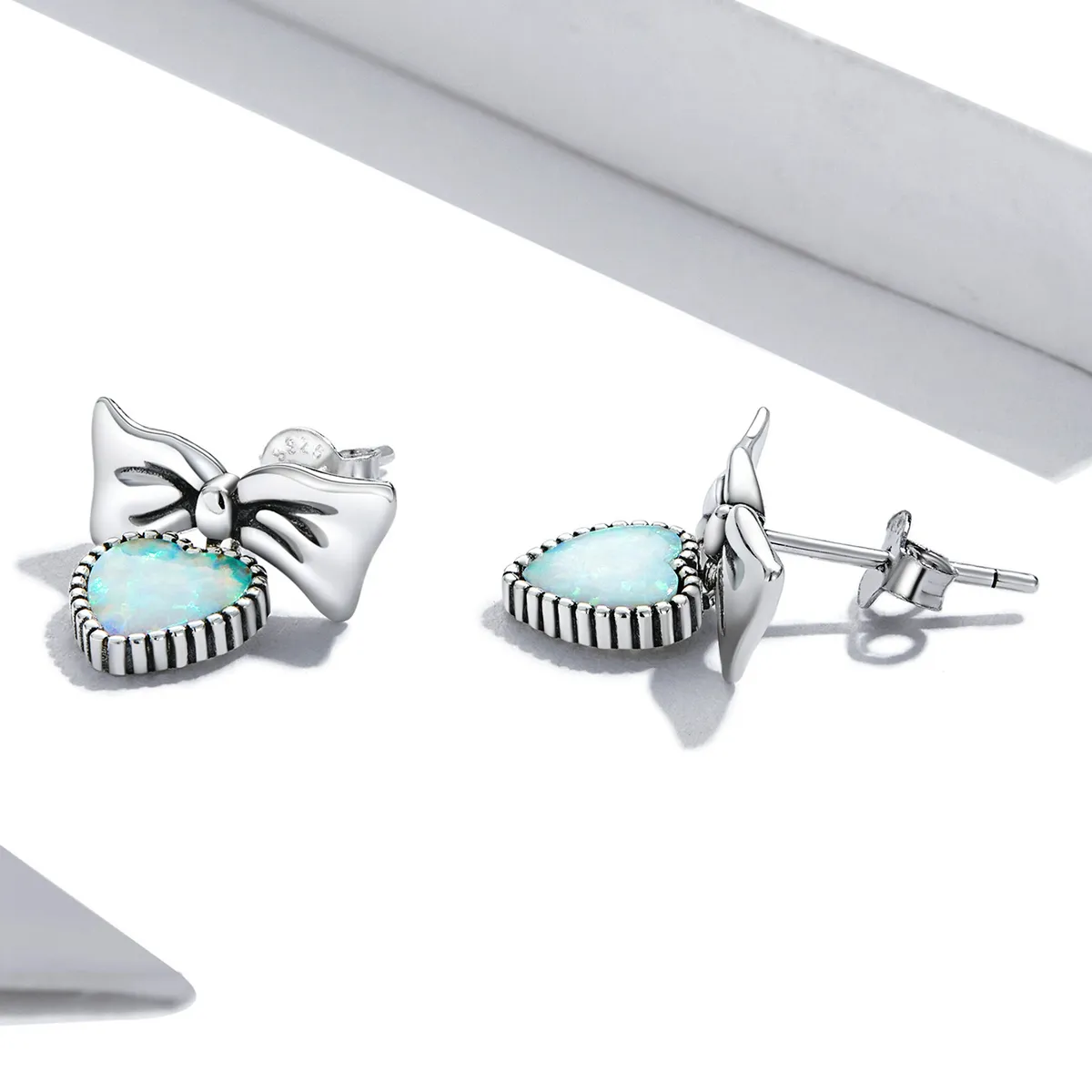 Stud Earrings - SCE1374 în stilul Pandora cu inimă din opal și arc