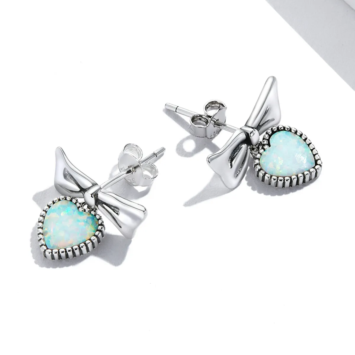 Stud Earrings - SCE1374 în stilul Pandora cu inimă din opal și arc