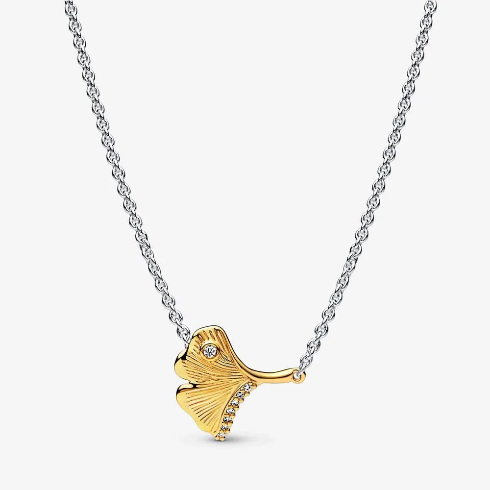 pandora ginkgo argint sterlin și collier placat cu aur de 14k cu zirconiu cubic transparent 362443c01