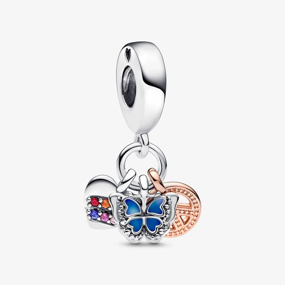 PANDORA Inimă cu arc-en-ciel, fluture și simbolul păcii, charm cu trei pendante - 782572C01
