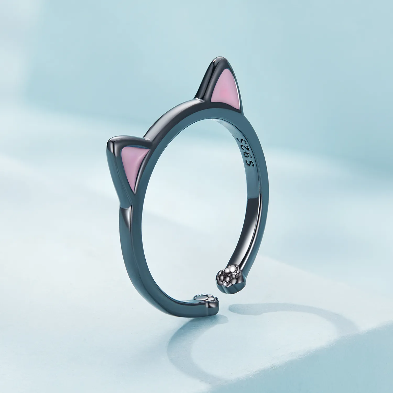 Inel deschis cu urechi de pisică neagră în stilul Pandora - SCR922