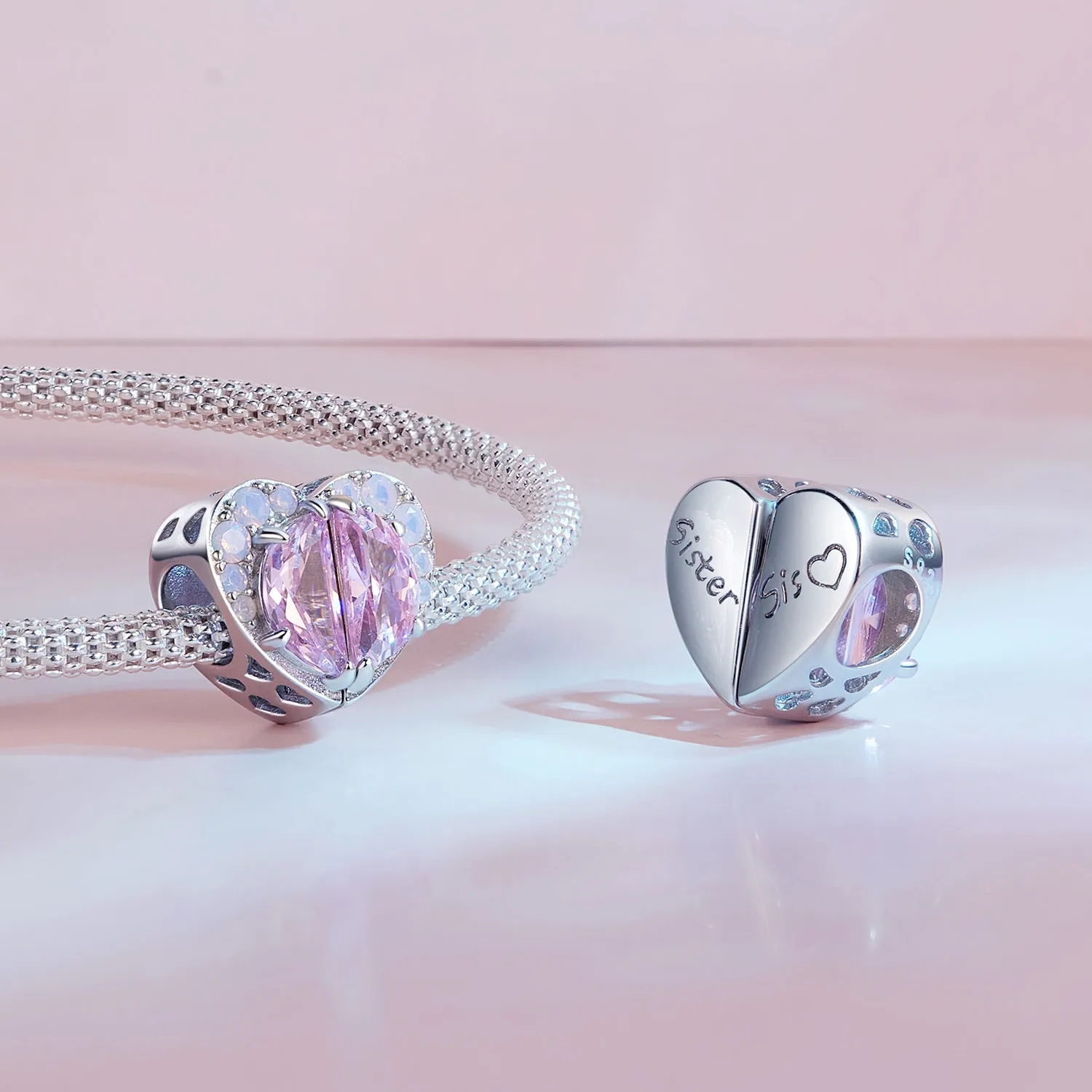 Breloc inimă de surori roz în stil Pandora - SCC2641
