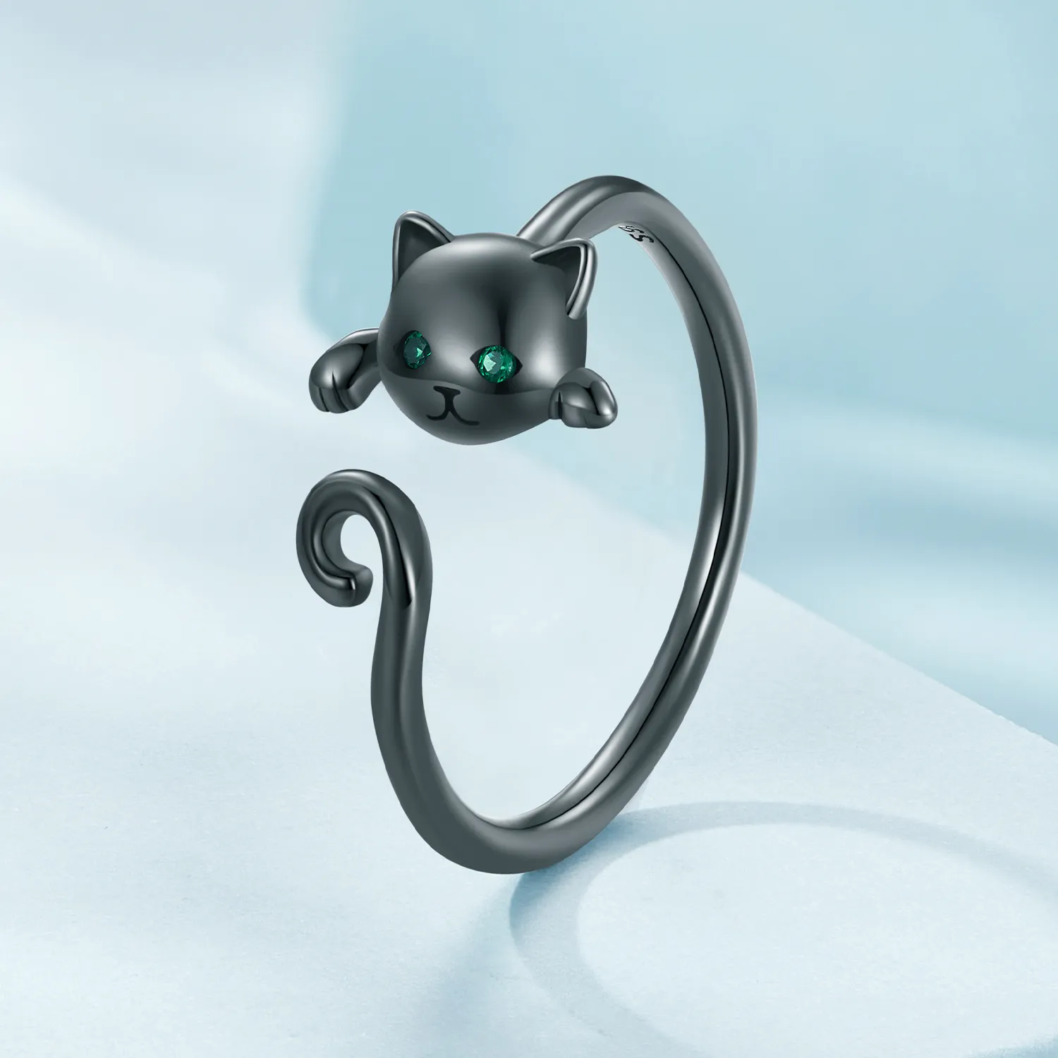 Inel deschis cu pisică drăguță neagră în stil Pandora - SCR707-D