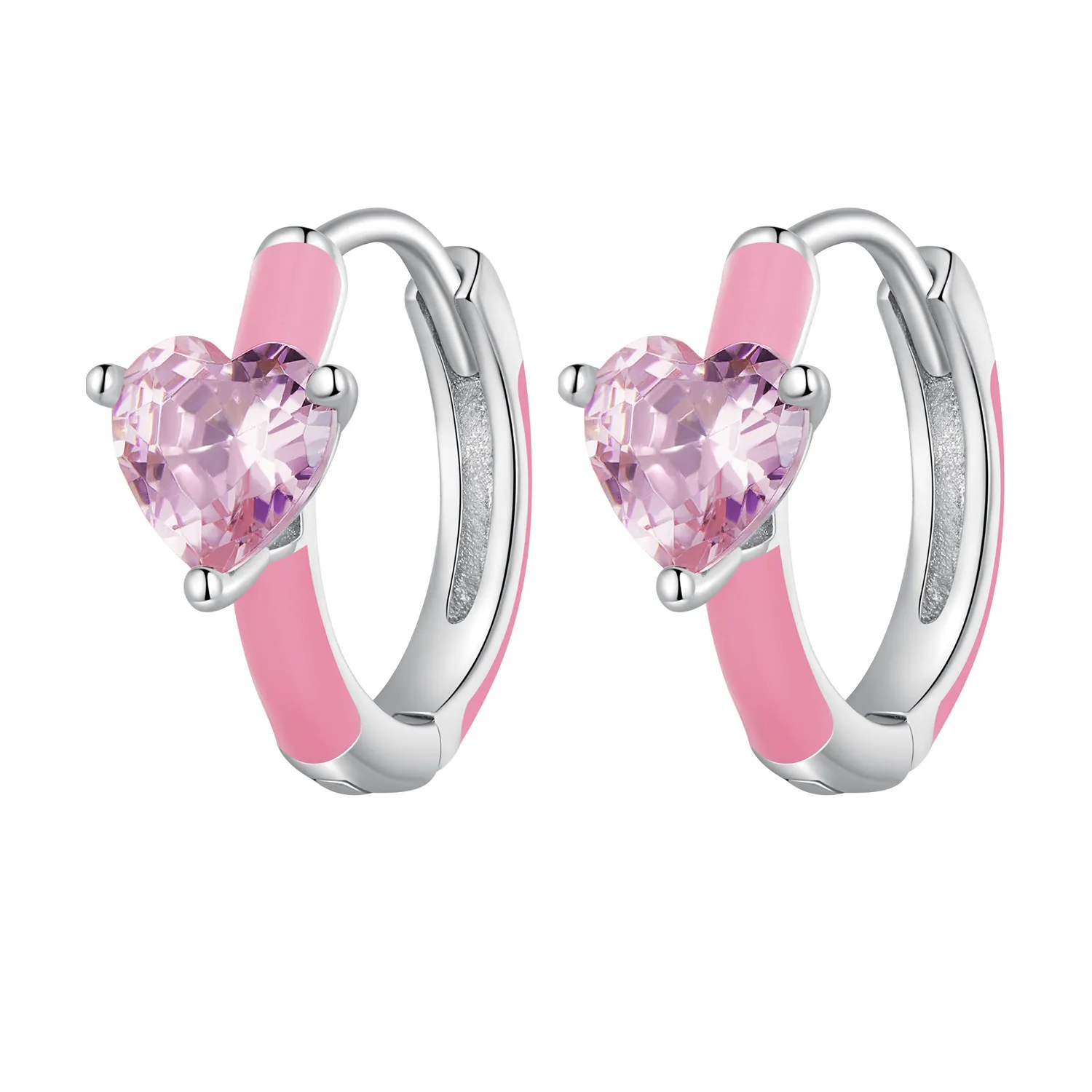 Stil Pandora, cercelusuri in forma de inima roz - BSE813