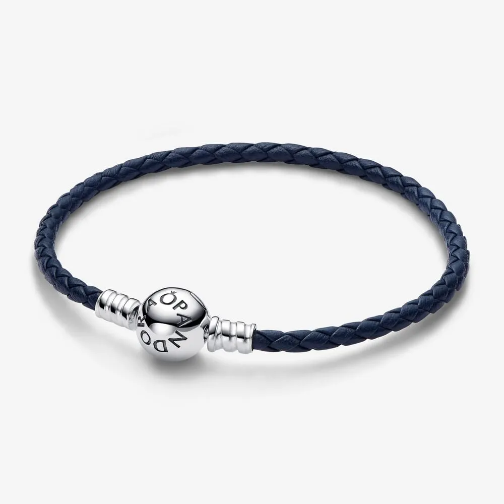 brățară din piele împletită albastră cu sistem de închidere rotund pandora moments 592790c01