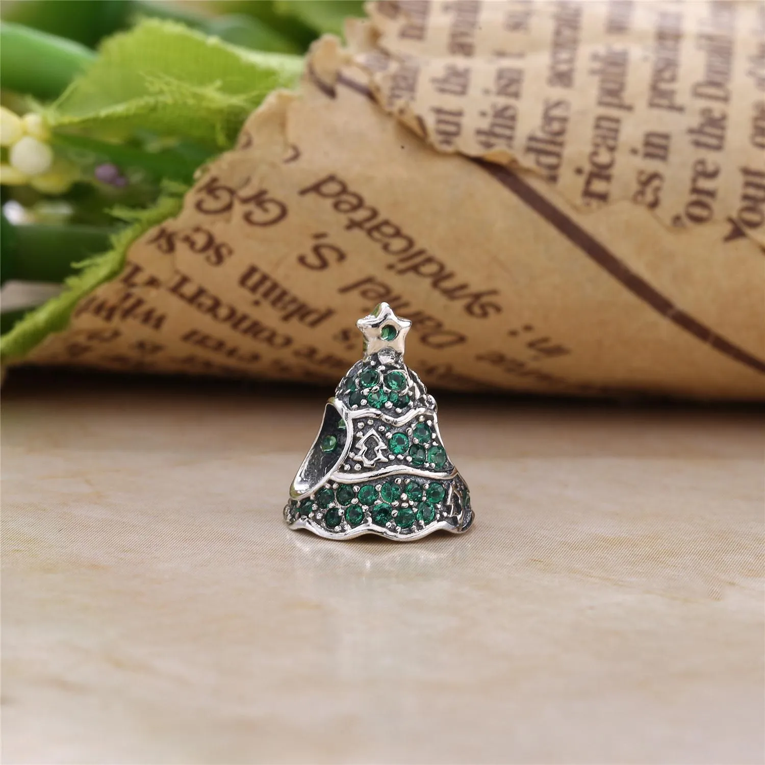 Christmas tree silver charm with clear cubic zirconia - 791765CZ