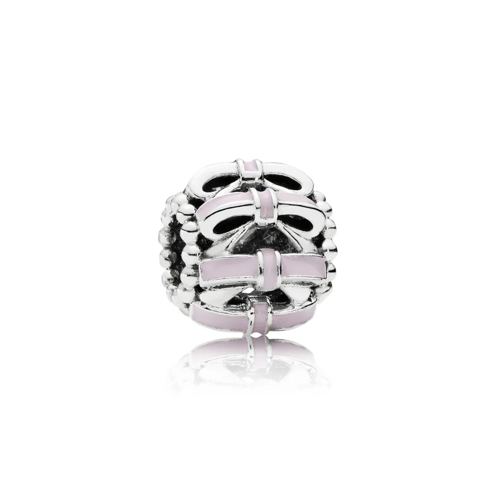 Openwork bow silver charm with soft pink enamel - 791778EN40 - T
