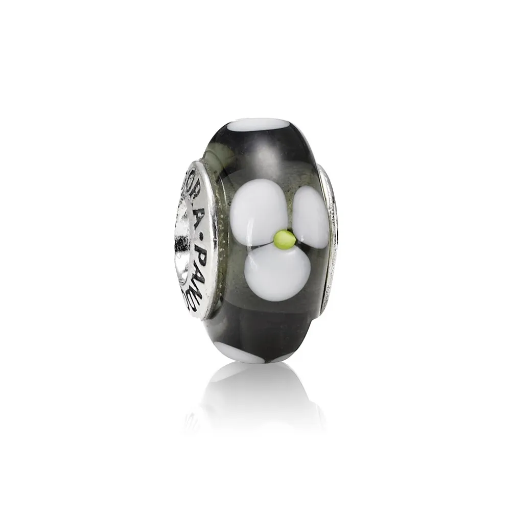 talisman din argint sticla de murano neagra cu flori albe 790604 talismane pandora