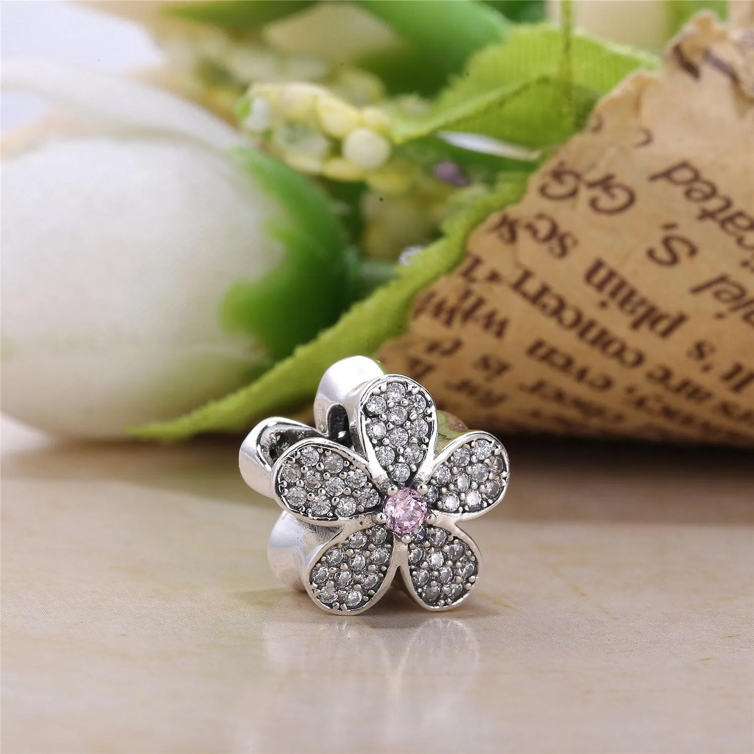 Talisman PANDORA, Orbitor Daisy floare Diamante din argint