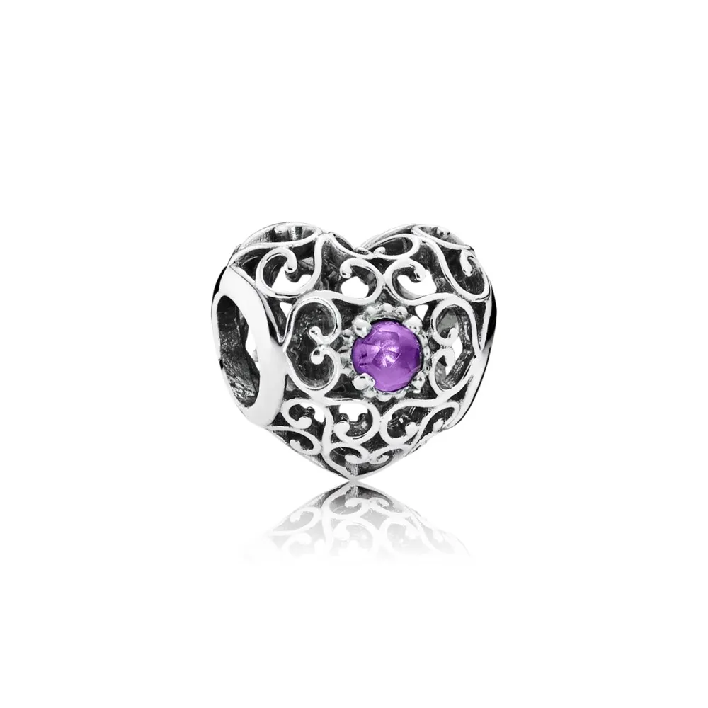 talisman pentru luna februarie în formă de inimă din argint 925 cu ametist sintetic pandora