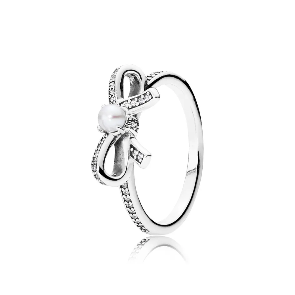 Bow silver ring with pearl and clear cubic zirconia - 190971P -